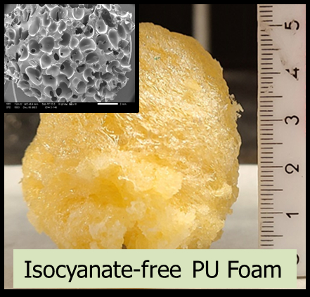 Isocyanate-free polyurethane foam with scanning electron microscopy image.