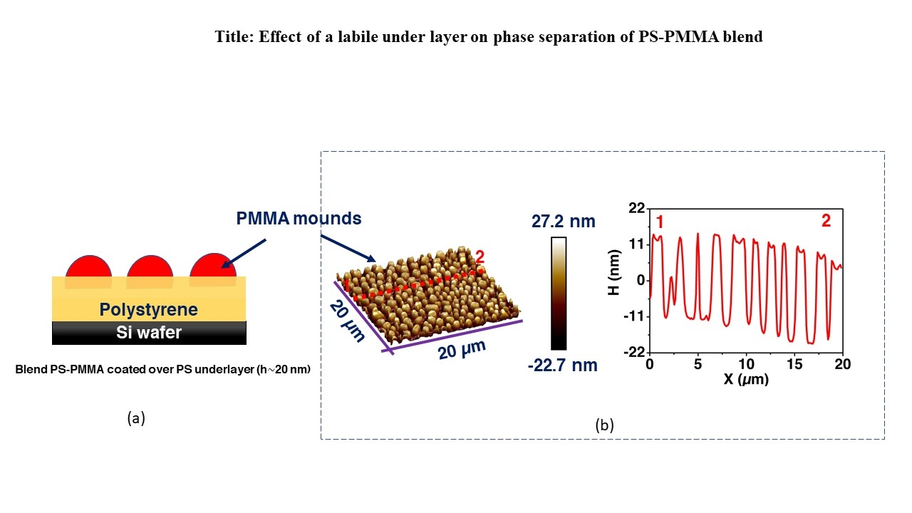 Figure showing (a) Schematic representation and (b) corresponding atomic force microscopy image of phase separation occurring in<b> </b>PS-PMMA blend coated over labile PS layer.