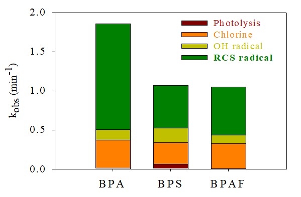 Fig. 1. The contribution of each radical during UV/chlorination of three Biphenols
