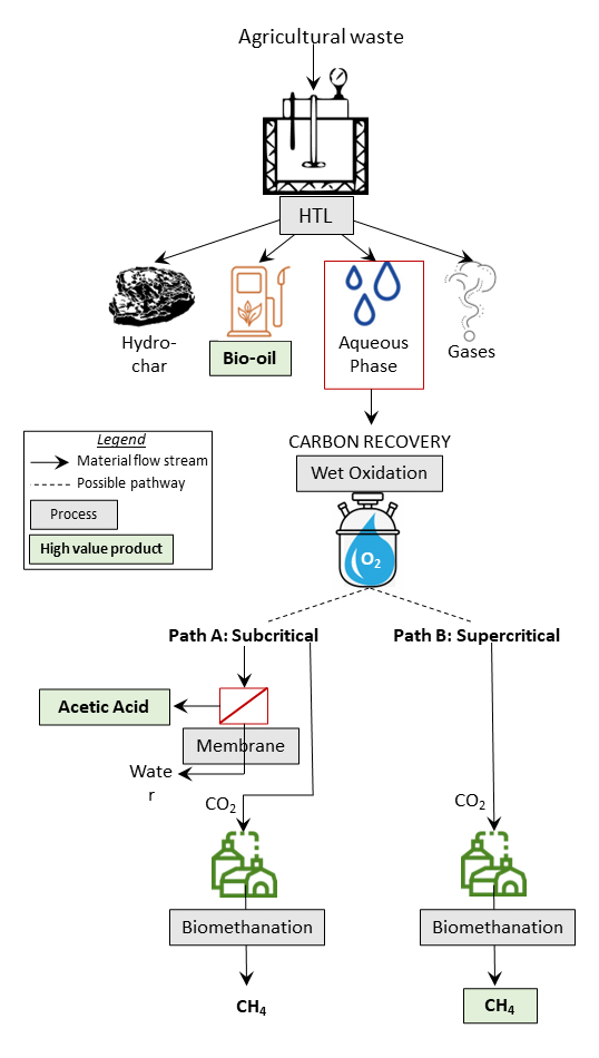 Description of 2 path ways for recovering carbon from byproducts of HTL